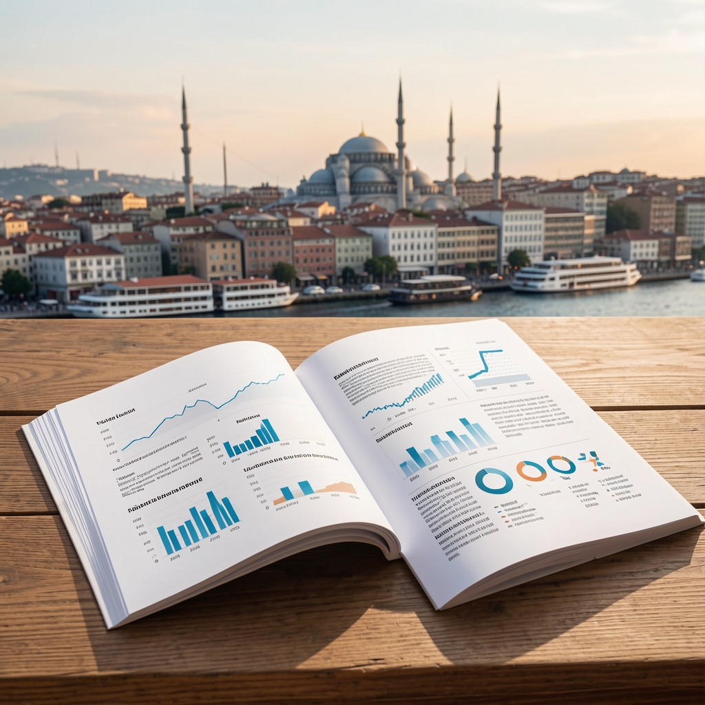 Masaüstünde açık Türk medyası araştırma raporu, grafik ve istatistiklerle dolu beyaz sayfalar, arkasında İstanbul silueti